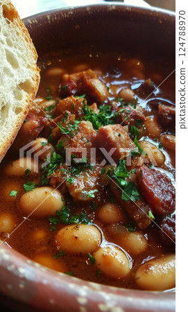 Hearty Fabada stew filled with beans, chorizo, morcilla, and pork in rich broth, topped with parsley, served with crusty bread, traditional Spanish dish Hearty Fabada stew filled with beans, chorizo, morcilla, and pork in rich broth, topped with parsley, served with crusty bread, traditional Spanish dish 124788970