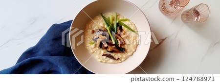 Savory oatmeal with chicken broth, fried mushrooms, and green onions, arranged in a minimalist aesthetic with clean, natural textures and simple composition, banner Savory oatmeal with chicken broth, fried mushrooms, and green onions, arranged in a minimalist aesthetic with clean, natural textures and simple composition, banner 124788971