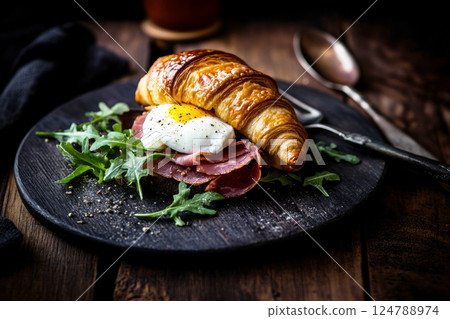 A golden croissant stuffed with poached egg, ham, and arugula, placed on a dark wooden surface. Moody lighting enhances the textures, creating a warm, rustic atmosphere 124788974