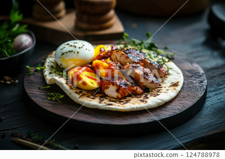 A pita with warm chicken breast, boiled egg, and yogurt dressing, placed on a dark wooden surface, illuminated by moody lighting to create a rustic, intimate atmosphere A pita with warm chicken breast, boiled egg, and yogurt dressing, placed on a dark wooden surface, illuminated by moody lighting to create a rustic, intimate atmosphere 124788978