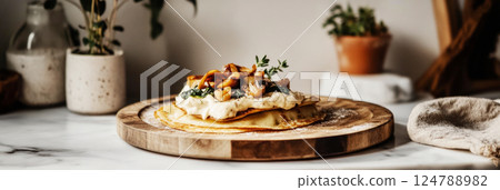 Golden mini crepes stuffed with creamy cashew, crisp spinach, and fried mushrooms are arranged on a rustic tray. Soft lighting enhances the textures, adding warmth and depth, banner 124788982