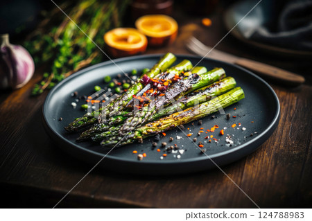 Grilled asparagus topped with Parmesan cheese and chili flakes, served on a plate. A crispy, healthy dish with a smoky, savory flavor, perfect as a side or snack. Full of flavor and freshness 124788983