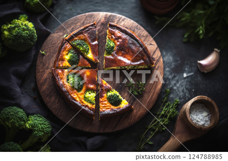 A rustic frittata cut into triangles with broccoli, goat cheese, and Parmesan, showcasing a golden texture, served as a cozy, healthy meal with a rustic aesthetic 124788985