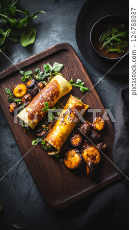 Mini crepes with creamy cashew filling, fresh spinach, and crispy mushrooms rest on a modern wooden tray. The rich textures and earthy tones create a cozy, rustic mood 124788987