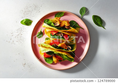 Mini crepes filled with cashew cream, spinach, and fried mushrooms, presented in a minimalist style. The natural colors of the ingredients create a vibrant and fresh look Mini crepes filled with cashew cream, spinach, and fried mushrooms, presented in a minimalist style. The natural colors of the ingredients create a vibrant and fresh look 124789000