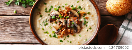 Hearty oatmeal with chicken broth, fried mushrooms, and green onions, perfect for a wholesome, savory breakfast or a light, nutritious lunch, banner Hearty oatmeal with chicken broth, fried mushrooms, and green onions, perfect for a wholesome, savory breakfast or a light, nutritious lunch, banner 124789002