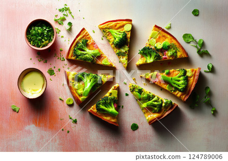 Golden frittata slices with broccoli chunks, rich goat cheese, and a delicate Parmesan layer. The minimalist setup enhances the natural beauty of this rustic yet refined dish Golden frittata slices with broccoli chunks, rich goat cheese, and a delicate Parmesan layer. The minimalist setup enhances the natural beauty of this rustic yet refined dish 124789006