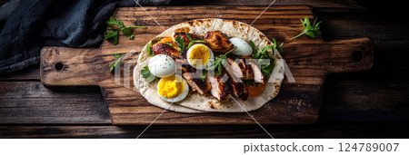 Warm pita with chicken breast, boiled egg, and yogurt dressing, set on dark wood, with moody lighting adding rustic elegance and creating an intimate atmosphere, banner Warm pita with chicken breast, boiled egg, and yogurt dressing, set on dark wood, with moody lighting adding rustic elegance and creating an intimate atmosphere, banner 124789007
