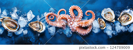 A luxurious seafood platter featuring octopus, shrimp, and oysters on a dark blue backdrop, with scattered ice pieces to accentuate freshness, illuminated with cool, soft lighting, banner 124789009