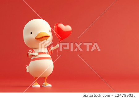 A cute white duck in a t-shirt, shorts, and sneakers holds a red heart-shaped balloon, radiating joy and playfulness against a pastel background A cute white duck in a t-shirt, shorts, and sneakers holds a red heart-shaped balloon, radiating joy and playfulness against a pastel background 124789023