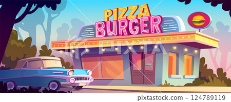 Street landscape with pizza cafe background banner for game design. Urban cityscape with retro cafeteria building exterior with big windows, vintage blue car, green trees. Vector cartoon illustration 124789119
