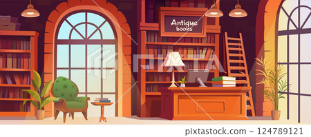 Library interior with antique books background banner for game design. Bookstore room with desk and computer, bookcases and shelves, ladder, lamps, armchair by window. Vector cartoon illustration 124789121