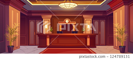 Luxury lobby interior background banner for game design. Hotel or office reception with registration desk with computers, classic style walls and red carpet, lamps, plants. Vector cartoon illustration Luxury lobby interior background banner for game design. Hotel or office reception with registration desk with computers, classic style walls and red carpet, lamps, plants. Vector cartoon illustration 124789131