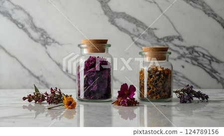 Glass Jars with Dried Flowers on a Marble Surface for Aromatherapy 124789156
