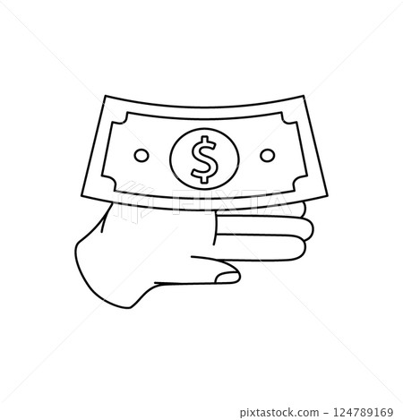 A hand holding a dollar sign outline symbol. Business and finance. Vector illustration. 124789169