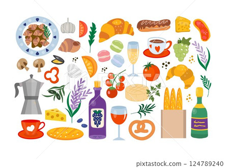 Set of French cuisine. National food of France, traditional french drinks. Icons for menu. Vector illustration  124789240