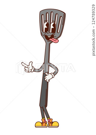Cartoon groovy kitchen spatula character with funny face, vector kitchenware utensil. Funky groovy spatula with freaky tongue out and happy smile for kitchenware and cookware retro cartoon character Cartoon groovy kitchen spatula character with funny face, vector kitchenware utensil. Funky groovy spatula with freaky tongue out and happy smile for kitchenware and cookware retro cartoon character 124789329