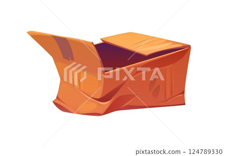 Damaged and ripped parcel cardboard box cartoon. Destroyed crumpled paper container, broken wet isolated vector cargo box. Damaged crushed delivery package cartoon or ripped dirty shipping parcel Damaged and ripped parcel cardboard box cartoon. Destroyed crumpled paper container, broken wet isolated vector cargo box. Damaged crushed delivery package cartoon or ripped dirty shipping parcel 124789330