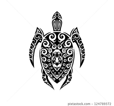 Turtle tattoo in Maori tribal ornament or Polynesian or Hawaiian pattern, vector art design. Abstract tribal tattoo of sea turtle animal with intricate sharp lines in Celtic or Maori tribal design 124789372