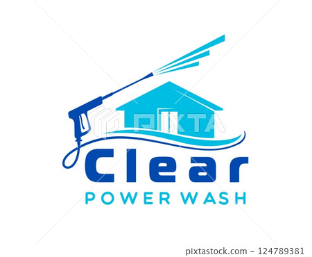 House cleaning and washing icon with power pressure washer, vector symbol. Home cleaning and house wash professional maintenance service emblem with water spray washer gun and blue wave House cleaning and washing icon with power pressure washer, vector symbol. Home cleaning and house wash professional maintenance service emblem with water spray washer gun and blue wave 124789381
