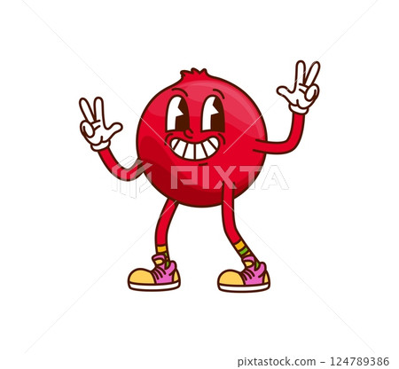 Groovy cranberry berry character with happy face, vector retro cartoon emoji. Groovy cranberry berry with funky peace sign gesture and happy smile in good vibe for retro cartoon fruit character 124789386