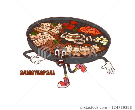 Cartoon samgyeopsal grill pan Korean cuisine food character with expressive eyes, sizzling pork belly, garlic, mushrooms, and vegetables on the grill, embodying asian bbq culture with playful y2k vibe 124789398