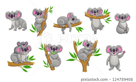 Cartoon cute koala bear characters set. Funny australian bear animals on tree branches. Happy gray koala characters eating eucalyptus leaves, sleeping and waving paw, carrying baby on back and resting 124789408