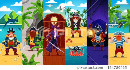 Cartoon angry pirate and corsair captain characters collage. Vector man and woman pirate characters wearing vintage costumes with hats, hook, guns and swords at treasure island and corsair ship deck Cartoon angry pirate and corsair captain characters collage. Vector man and woman pirate characters wearing vintage costumes with hats, hook, guns and swords at treasure island and corsair ship deck 124789415