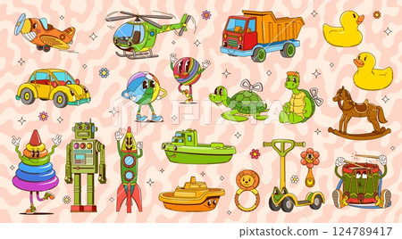 Retro groovy toys characters of cartoon car, balls, robot and rocking horse, vector kids game and education toys. Groovy hippie drum, rocket, funny ducks and truck, rattle and helicopter personages Retro groovy toys characters of cartoon car, balls, robot and rocking horse, vector kids game and education toys. Groovy hippie drum, rocket, funny ducks and truck, rattle and helicopter personages 124789417