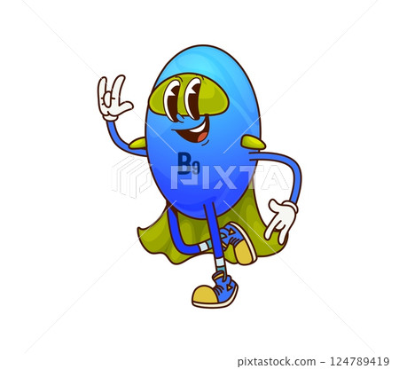 Cartoon groovy B9 vitamin superhero character. Isolated vector folic acid capsule wear cape and mask. Funny bubble super hero retro comics personage. Brave food supplement defender with hippie vibe 124789419