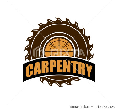 Carpentry woodwork icon showcases circular saw blade, log and encircling brown text. Vector emblem representing carpenter branding or woodwork business convey traditional lumberjack craftsmanship 124789420