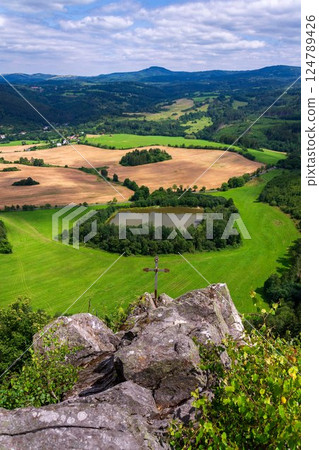 Pond in a beautiful landscape with forests, meadows and fields below Semnicka skala in the protected landscape area Slavkovsky les near Karlovy Vary, Doupovske hory, Czech Republic, sunny summer day Pond in a beautiful landscape with forests, meadows and fields below Semnicka skala in the protected landscape area Slavkovsky les near Karlovy Vary, Doupovske hory, Czech Republic, sunny summer day 124789426