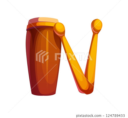 Cartoon musical font letter N as a bongo drum with two drumsticks, music instrument typeface, entertainment funny type, English alphabet. Isolated vector musician pervussion equipment, abc character Cartoon musical font letter N as a bongo drum with two drumsticks, music instrument typeface, entertainment funny type, English alphabet. Isolated vector musician pervussion equipment, abc character 124789433