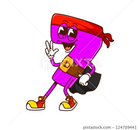 Groovy cartoon math number 7 funny pirate or corsair, vector Caribbean numeral character. Groovy math number Seven 7 as pirate sailor cartoon character in bandana with happy smile and funky face Groovy cartoon math number 7 funny pirate or corsair, vector Caribbean numeral character. Groovy math number Seven 7 as pirate sailor cartoon character in bandana with happy smile and funky face 124789441