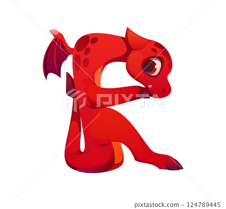 Winged red dragon character font letter R. Fairy animal personage English alphabet font symbol, fantasy dragon cartoon vector kids ABC letter. Red reptile character type sign or typeset element 124789445