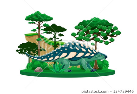 Dinosaur, cartoon prehistoric lizard of Nodosaurus species, vector dino animal. Nodosaurus dinosaur or reptile lizard of Cretaceous era with spine spikes in jungle forest for kids paleontology atlas Dinosaur, cartoon prehistoric lizard of Nodosaurus species, vector dino animal. Nodosaurus dinosaur or reptile lizard of Cretaceous era with spine spikes in jungle forest for kids paleontology atlas 124789446
