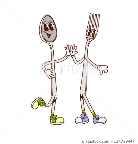 Cartoon groovy kitchen spoon and fork characters with funny faces, vector kitchenware utensil. Funky groovy fork and spoon friends with high five gesture and happy smile for kitchenware characters Cartoon groovy kitchen spoon and fork characters with funny faces, vector kitchenware utensil. Funky groovy fork and spoon friends with high five gesture and happy smile for kitchenware characters 124789447