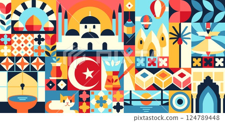 Geometric Turkey pattern with turkish travel landmarks abstract graphic shapes. Vector Turkey tourism background of turkish flag, Istanbul mosque, Bosphorus bridge and coffee geometric shapes collage Geometric Turkey pattern with turkish travel landmarks abstract graphic shapes. Vector Turkey tourism background of turkish flag, Istanbul mosque, Bosphorus bridge and coffee geometric shapes collage 124789448