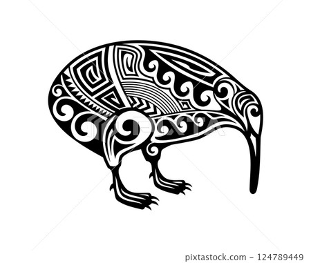 Samoan Maori culture kiwi bird animal tattoo. Polynesian Maori culture animal tattoo, Samoan ethnic warrior vector sign. New Zealand tribal motif isolated symbol or Hawaiian tribe print 124789449