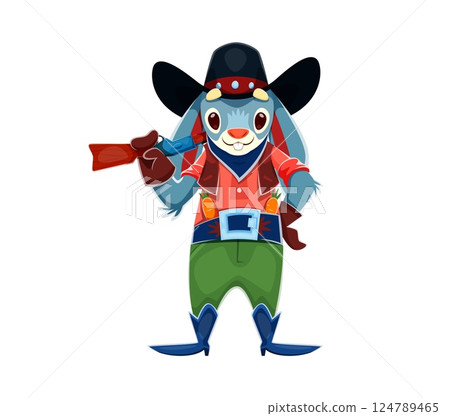 Cartoon Wild West animal cowboy or bunny ranger character, vector Western bandit. Texas cowboy rabbit with funny face or Wild West animal character in sombrero hat, with rifle and carrots in bandoleer Cartoon Wild West animal cowboy or bunny ranger character, vector Western bandit. Texas cowboy rabbit with funny face or Wild West animal character in sombrero hat, with rifle and carrots in bandoleer 124789465