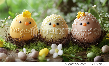 Spring design with cute chicks, sweets and flowers 124789480
