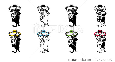 cat vector kitten basketball hoop sport icon calico cartoon character dunk pet doodle illustration symbol isolated design 124789489