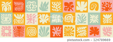 Flat seamless pattern in simple floral wavy and groovy naive style, ocean and vacation theme, flowers and plants, floral botanic hand drawn design templates, modern hand drawn art prints. Vector Flat seamless pattern in simple floral wavy and groovy naive style, ocean and vacation theme, flowers and plants, floral botanic hand drawn design templates, modern hand drawn art prints. Vector 124789669