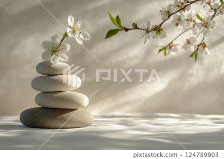 Balanced stones and cherry blossoms in serene indoor setup 124789903