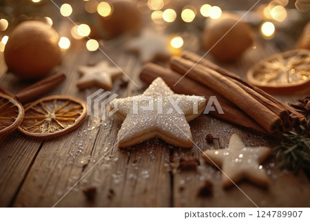 Holiday baking arrangement featuring star-shaped cookie with spices and dried fruits on wooden table 124789907