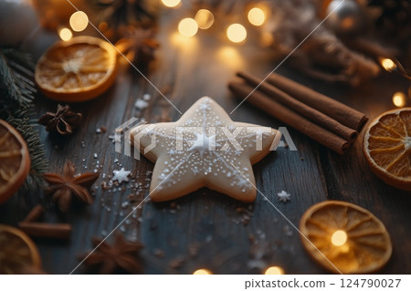 Holiday baking arrangement featuring star-shaped cookie with spices and dried fruits on wooden table 124790027