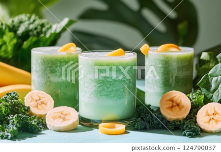Refreshing green smoothies with bananas and kale on a colorful background 124790037