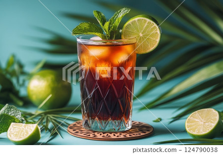 Refreshing berry cocktail with lime and mint on a tropical backdrop Refreshing berry cocktail with lime and mint on a tropical backdrop 124790038
