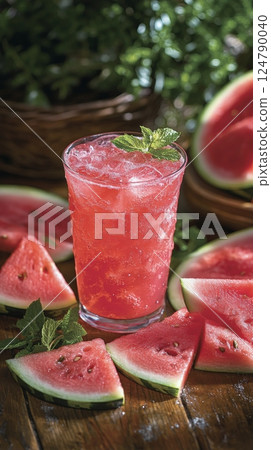 Refreshing watermelon cocktail served with mint leaves on a wooden table 124790040