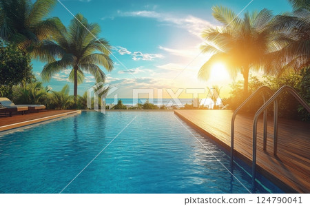 Relaxing afternoon at a tropical pool surrounded by palm trees and sunlight 124790041
